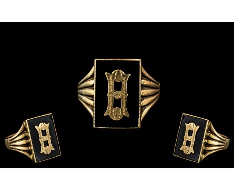 Gentleman's 9ct Gold Ornate / Well Designed Signet Ring of Rectangular Form. Full Hallmark for 9.375 to Interior of Shank. Ha
