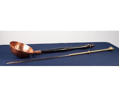 ANTIQUE COPPER LARGE LADLE, with deep circular bowl, 7 1/2" diameter, long turned wood handle; AN ANTIQUE LARGE POKER with ha