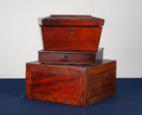 GEORGIAN INLAID MAHOGANY SMALL JEWELLERY OR WORK BOX, of oblong form, the hinged cover inlaid with shell oval, the plain inte