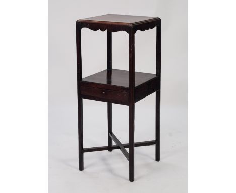 EARLY NINETEENTH CENTURY MAHOGANY WASHSTAND, the moulded square top above a shaped frieze and open shelf with drawer below, r