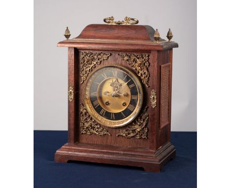 LATE NINETEENTH/ EARLY TWENTIETH CENTURY MANTLE CLOCK IN LATER MAHOGANY CASE, the 6" Roman black and gilt dial with visible b