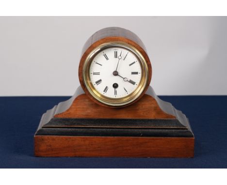 LATE VICTORIAN WALNUT AND EBONISED DRUM TOP MANTLE CLOCK, the 3 ½" Roma dial powered by a movement stamped 2620, and housed i