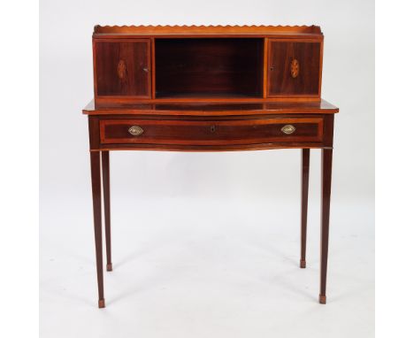 LATE VICTORIAN SATINWOOD BANDED AND INLAID MAHOGANY BONHEUR- DU- JOUR, the serpentine fronted top surmounted by a galleried b