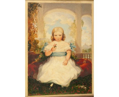 W. COWEN (1797-1861) OIL PAINTING ON CANVAS  Full length portrait of a young girl seated on a balcony Signed and dated Roman 