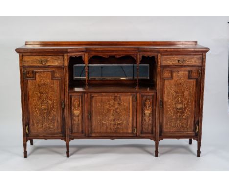 EDWARDIAN INLAID ROSEWOOD LOW SIDE CABINET, the inverted breakfront oblong top with moulded edge and short back, set above a 