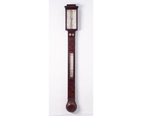 A&amp;J CASARTELLI, LIVERPOOL, NINETEENTH CENTURY LINE INLAID FIGURED MAHOGANY STICK BAROMETER, the twin bone scale marked 9 