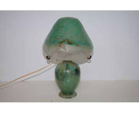 Monart mushroom shaped glass table lamp and shade, no label, no damage or restoration, height 38cm