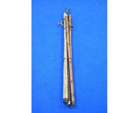 Six very sturdy wooden walking sticks approx 127cm long with leather straps and one is an unusual thumb stick