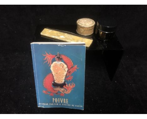 Vintage Cosmetic Packaging and Ephemera - Biba Gloss Foundation, Yellow 2, black cylindrical pot and cover with gold Logo and