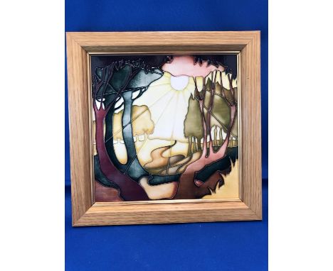 Emma Bossons for Moorcroft Pottery - A plaque tubelined with trees and a sunset, in Art Deco style, produced for the Moorcrof