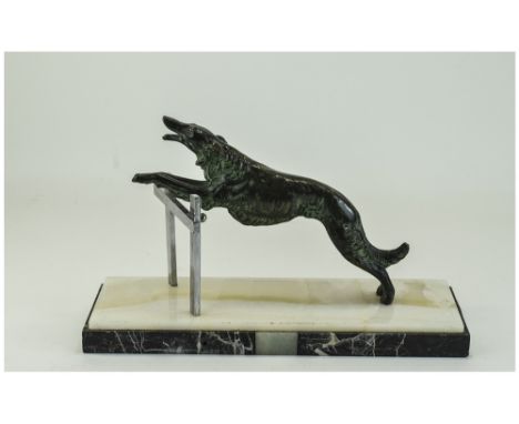Art Deco Bronze Figure of a Dog Leaping Over a Fence, Raised on a Black and White Marble Effect Base. 8.5 Inches High, 14.25 