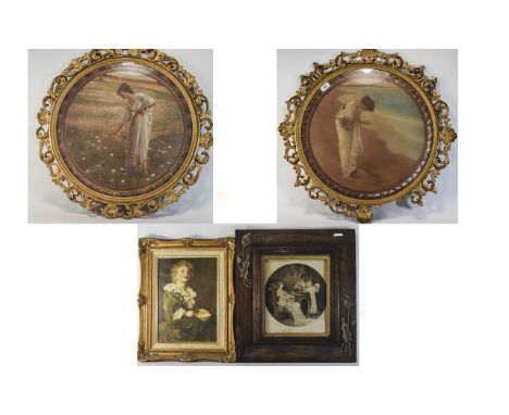 Pair of Art Nouveau Circular Prints depicting classical maidens. Gilt gesso frames, Some damage. Diameter 20 inches. Together