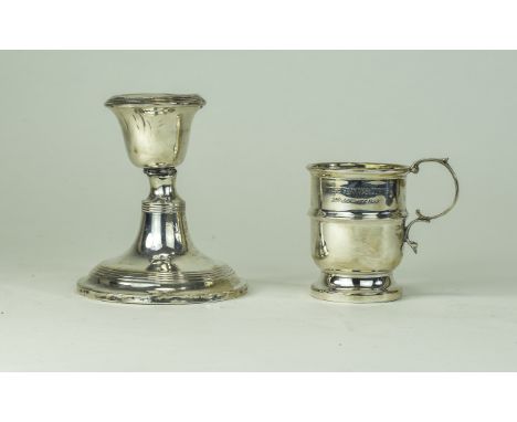 Elizabeth II Small Silver Cup - 3 Inches High, Hallmark Birmingham 1964. 73.8 grams + a Small Silver Squat Candlestick, Hallm