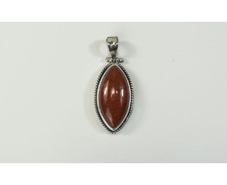 Red Jade Pendant, a 24ct marquise shape, cabochon cut, red jade stone, bezel set in silver with a fine 'rope twist' edge, the