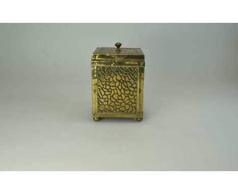 Edwardian Arts and Crafts Style Hammered Copper Lidded Tea Caddy with Leaded Interior, Wood Base. Standing on 4 Ball Feet. 5.