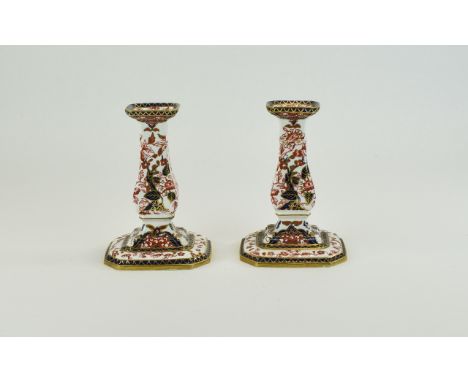 Royal Crown Derby Imari Pair of Candlesticks. c.1890's. Each Candlestick 6 Inches High.