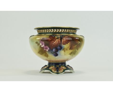 Royal Worcester Hand Painted Pedestal Bowl ' Black Berries ' Stillife. Unsigned, Date 1907. Height 4.25 Inches, Diameter 4.25