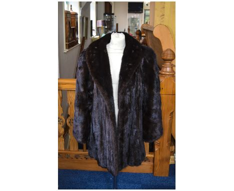 Dark Brown Mink Long Jacket, chevron cut bell sleeves with split cuffs, self lined collar, hook and loop fastening, lustrous 