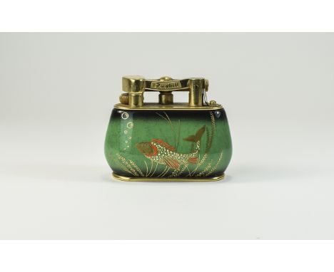 Dunhill Gilt Metal Table Lighter, Aquarium Lighter. 3.25 Inches High, 3.5 Inches Diameter