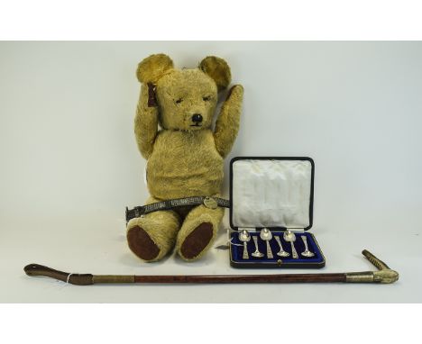 Small Mixed Lot Comprising 20thC Straw Filled Teddy Bear with Growler, studded dog collar, horse riding whip. silver plated t