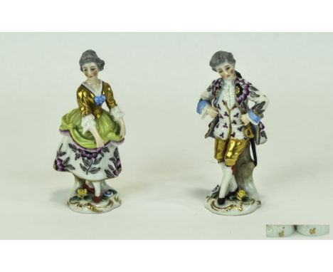 Chelsea Style Pair of Handpainted Porcelain Figures. Painted with gold anchor to each figure at base. See photo. Lady and gen