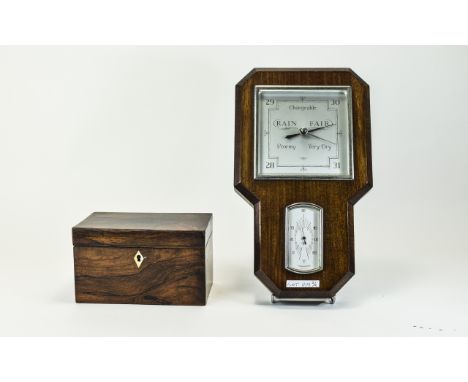 19thC Rosewood Tea Caddy, Straight Square Form With Hinged Top, Twin Compartment With Lids , Hinge A/F Together With An Art D