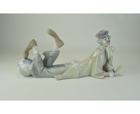 Lladro Clown Figure ' Clown with Ball ' Model Num 4618. Issued 1969, Height 6.25 Inches, Length 13.25 Inches. Crack / Hairlin