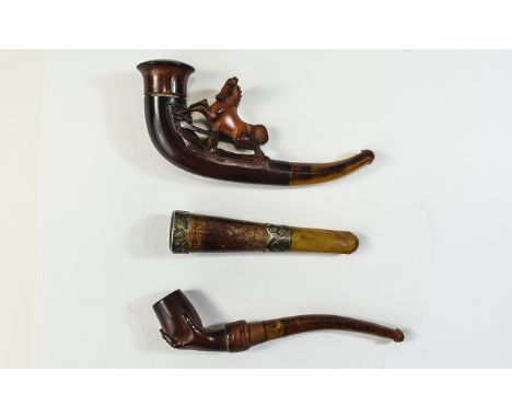 Victorian Very Fine Small Meerschaum Carved Pipe with Leather Case + a Further Very Fine and Small Meerschaum Carved Pipe, In