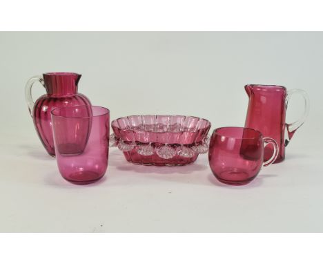 Victorian - Collection of Cranberry Coloured Glass Items ( 5 ) In Total. Comprises Jugs, Dishes and Cups. Tallest Item 4.75 I