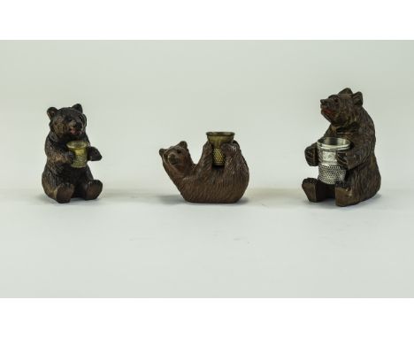 An Early 20th Century Interesting Collection of 3 Black Forest Miniature Bear Figures, Holding Thimbles. Father Bear 2.5 Inch