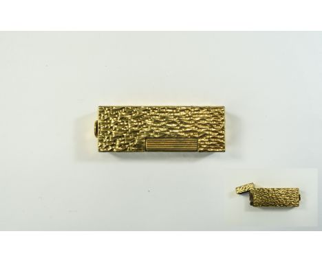 Dunhill Gold Plated Bark Finish Petrol Lighter From The 1970's. In Very Nice Condition and Working Order. 2.5 Inches High. 