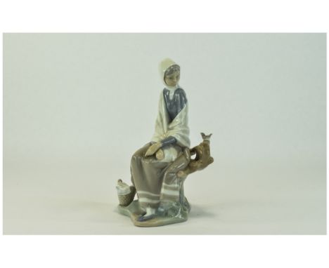 Lladro Figure ' Girl Sitting Watching Bird on Branch ' Model 4576. Issued 1969 - 1985. Height 9.75 Inches. Mint Condition. 