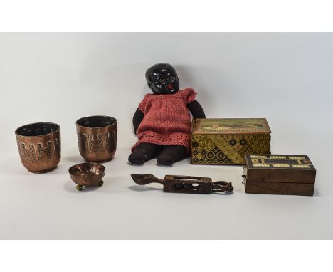 Miscellaneous Lot of Collectables comprising black baby doll, early 20thC, two German copper fern pots, copper dish, cribbage