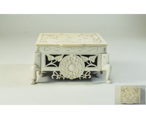 Early 20thC Ivory Trinket Box Hinged Top With Carved Floral Decoration, Pierced Sides, Raised On Hoof Feet, 4½ x 5 Inches