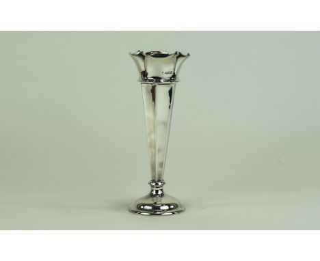 Edwardian Silver Vase with Fluted Stem and Handkerchief Shaped Rim, Raised on a Circular Base, Height 8.5 Inches. The Vase Ha