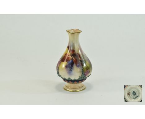 Royal Worcester Hadley Hand Painted Vase ' Blackberries ' Stillife. Date 1905, Unsigned. Height 5.25 Inches. 