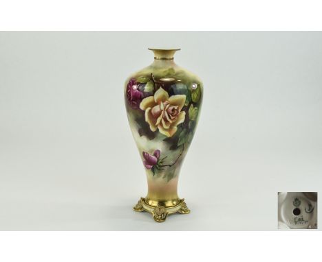 Royal Worcester - Tall Hand Painted and Signed Four Footed Vase ' Roses ' Stillife. Signed M. E. Eaton, Date 1908. Printed Ro
