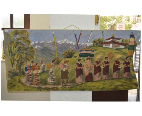 Large Tibetan Woolen Wall Hanging/Tapestry, Depicting Monks & Mountainous Setting. 