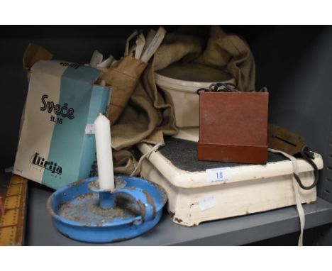 A set of vintage bathroom scales, and enamel candlestick holder a Salters spring balance and more.