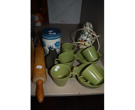 A selection of vintage kitchenalia and a ceramic lamp housing two little mice,including Melaware cups, bowl,jug and salt and 