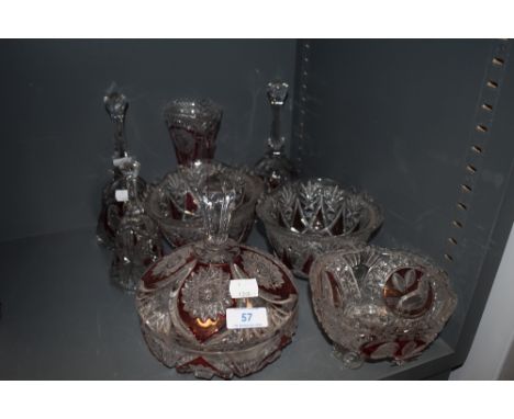 A selection of cut glass with ruby cut through