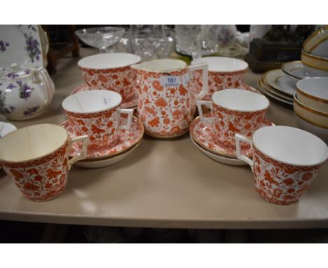 A 1880s/90s Crown Derby 'Wilmot' part breakfast set/ tea service having floral and butterfly rust coloured transfer pattern, 