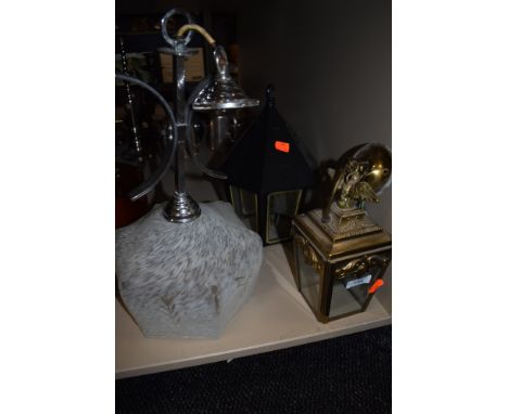 Three lamp fittings/shades, including one mid century with chrome fitting and etched mottled glass shade.