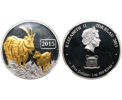 NEW ZEALAND. TOKELAU. Elizabeth II, 1952-2022. Silver 5 Dollars, 2015. Chinese Lunar Year.Obv: · ELIZABETH II TOKELAU 2015 · 