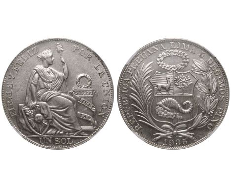 PERU. Republic, 1822-date. Silver 1 Sol, 1935. Lima. Obv: REPUBLICA PERUANA LIMA 5 DECIMOS FINO, national arms. Rev: FIRME Y 