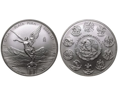 MEXICO. Silver 1 Onza, 2020. Mexico City. Libertad. National arms; ESTADOS UNIDOS MEXICANOS./Winged Victory on pillar with a 