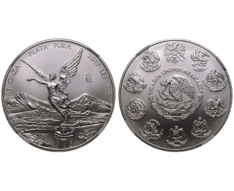 MEXICO. Silver 1 Onza, 2017. Mexico City. National arms; ESTADOS UNIDOS MEXICANOS./Winged Victory on pillar with a laurel wre