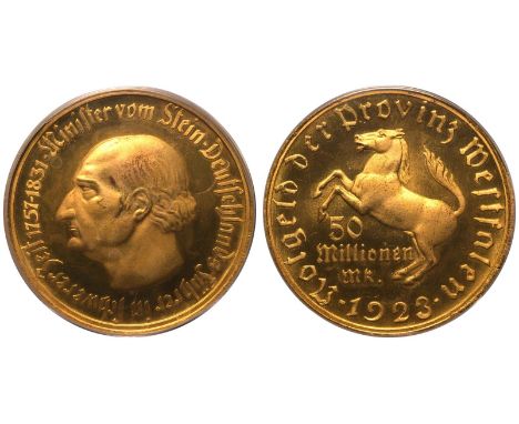 GERMANY. Weimar Republic, 1918-1933. Gold plated Bronze 50 Million Mark, 1923. Obv: NOTGELD DER PROVINZ WESTFALEN, central de
