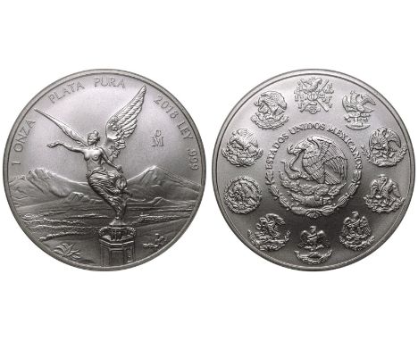 MEXICO. Silver 1 Onza, 2018Mo. Mexico City. Libertad. National coat of arms of Mexico, 10 past versions of this symbol surrou