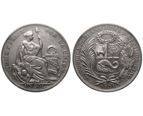 PERU. Republic, 1822-date. Silver 1 Sol, 1934. Lima. Obv: REPUBLICA PERUANA LIMA 5 DECIMOS FINO, national arms. Rev: FIRME Y 
